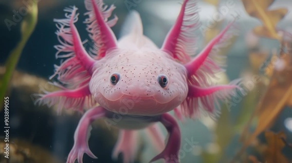 Fototapeta Closeup of a Pink Axolotl in a Clear Aquarium with Natural Aquatic Plants for Organic Wildlife and Animal Enthusiasts