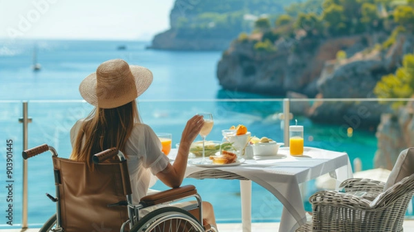 Fototapeta back view of a woman in a wheelchair enjoying an inclusive breakfast experience t on a hotel terrace with a beautiful ocean view