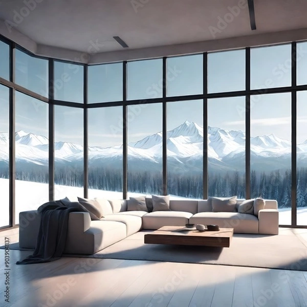 Fototapeta  Modern minimalistic comfortable interior with a winter view through large windows. 