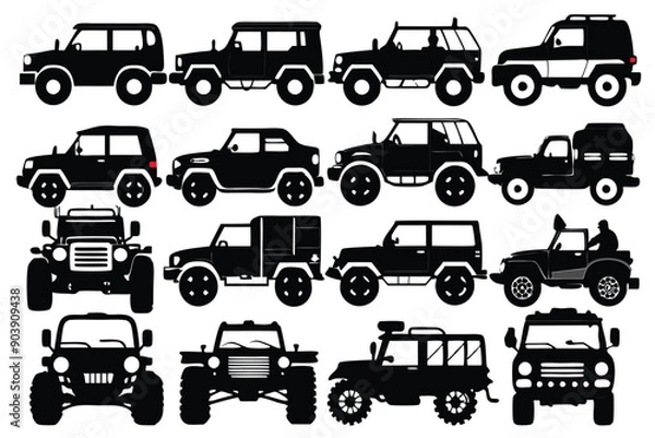 Fototapeta Silhouette image set of jeeps, perfect for creating adventure-themed designs and projects.
