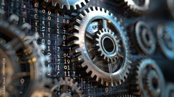 Fototapeta Digital Financial Engine Metallic Gears and Cogs with Binary Code Background