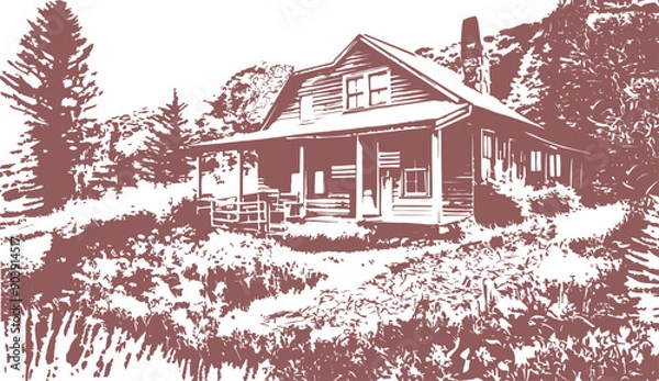 Obraz Countryside landscape wallpaper illustration drawing in woodcut style with cabin on transparent background