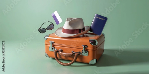 Fototapeta Minimalist 3D cartoon rendering of an Orange Suitcase with Travel, Adventure and Global Exploration Accessories on Mint Green Background. Vacation concept.