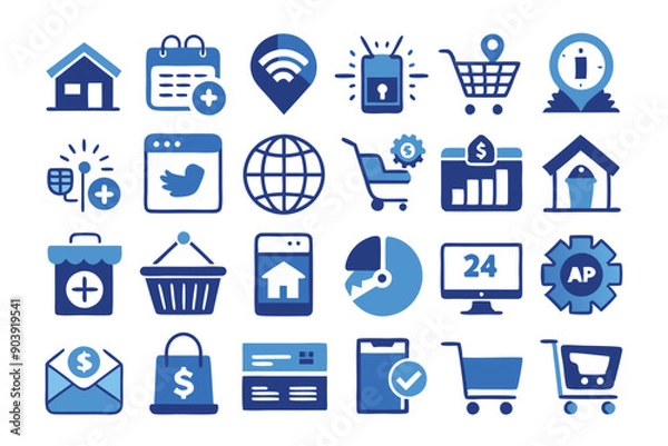 Fototapeta Blue and white icons for online shopping.
E-commerce icons in blue and white.
Set of blue and white icons for online store.
Online shop icon set in blue and white.
Blue and white online shop icons.