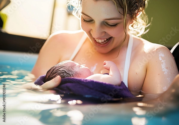 Fototapeta Water birth, a woman holding her newborn baby in her arms, joyful expression, labour in water. The scene is illuminated by shimmering sun rays.

