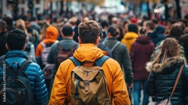 Fototapeta A large crowd of people walking down a street. The man in the orange jacket is the only one who is not wearing a backpack