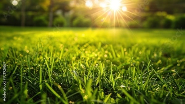 Fototapeta A lush green field with a bright sun shining on it. The grass is short and well-maintained, giving the impression of a well-tended garden