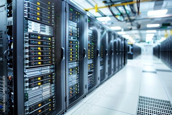 Obraz A modern data center featuring several rows of high-tech server racks with various blinking lights, network cables, and cooling ducts in a well-lit environment.