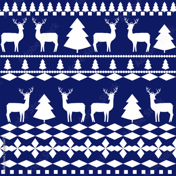 Fototapeta White deer and Christmas tree seamless pattern.
