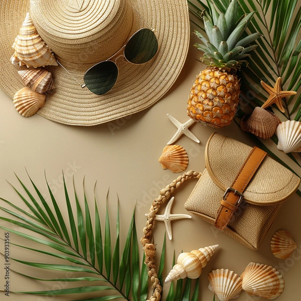 Fototapeta Dive into summer bliss: top view of straw hat, sunglasses, pineapple, woven bag, shells and starfishes on a serene beige background, inviting summer vibes for your messages. Made with generative ai.