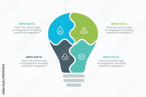 Fototapeta Vector idea light bulb infographic template for growth diagram, graph, presentation, chart. Business startup idea lamp concept with 4 options