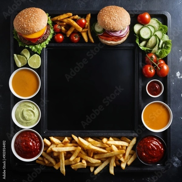 Obraz black tray with a variety of condiments and a burger, fries, and a pickle on it.