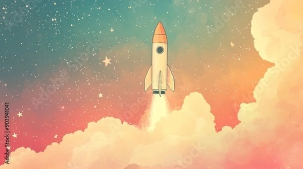 Fototapeta On a watercolor background, a rocket ship with clouds and stars. Concept of business launch pad and strategic ascent.