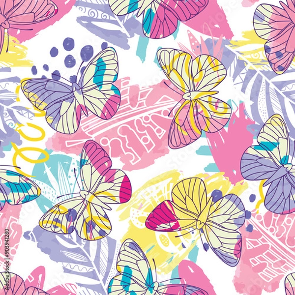 Fototapeta Seamless bright pattern with butterflies.  hand drawn butterflies. Pattern for textiles, children's clothes, wrapping busakgi .. Girlish background
