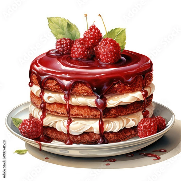 Fototapeta Watercolor Red velvet cake, clipart Illustration, Generative Ai