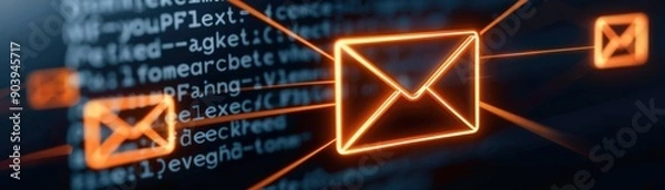 Fototapeta Illustration of digital communication with glowing email icons and binary code representing online interactions.