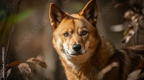 Fototapeta An expressionless Shiba Inu dog with a focused expression and a cryptocurrency Shiba Inu coin concept