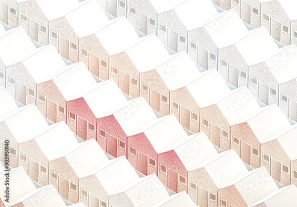 Fototapeta Rows of generic looking houses in an isometric view, soft pastel colours including red, apricot and blue,  executed in a pointillist artistic style
