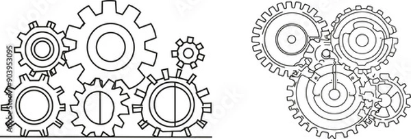 Fototapeta Gear wheel illustration. Three cog wheels in lineart style. Editable stroke. Symbol of teamwork, development, logo, emblem. Creative concept of business teamwork. Vector.