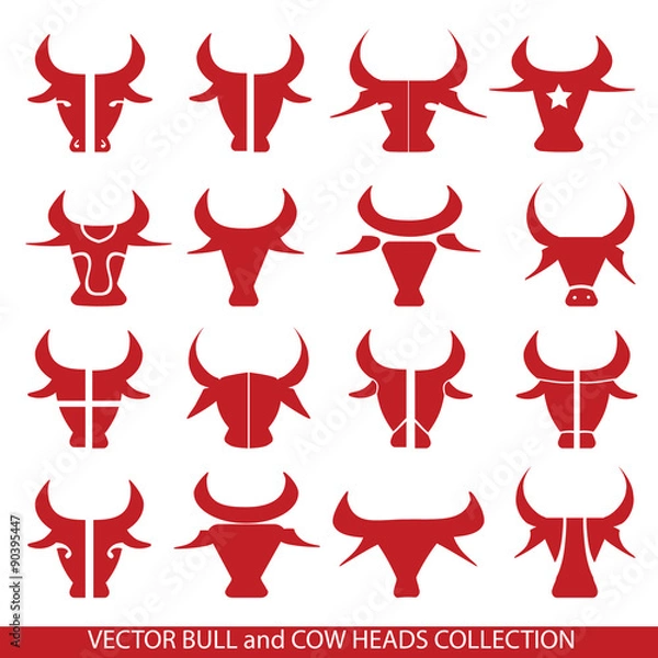 Fototapeta Red bull head - graphic icon collection. Bulls and cows heads, isolated. As quality sign,symbol, tattoo.