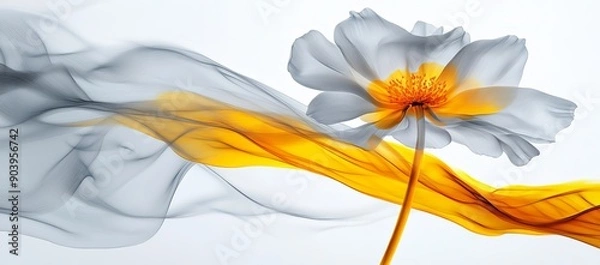 Obraz The background of the image is an abstract smokey black and gold background with an ink-style floating flower