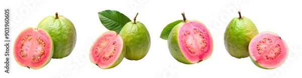 Fototapeta Pink guava fruits isolated on transparent white background whole and half cut. PNG elements set. Guava fruit