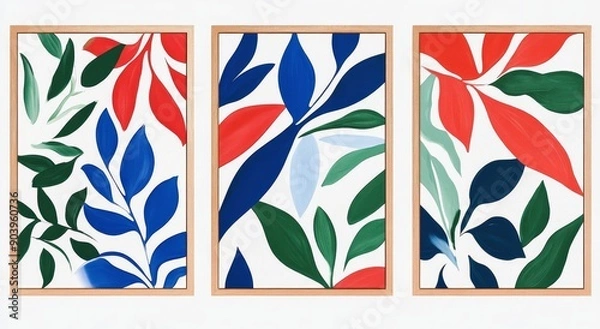 Fototapeta Three framed posters with red, blue, and white flowers