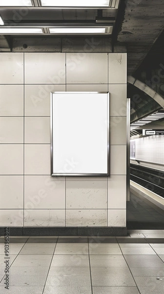 Fototapeta high-quality image featuring an empty poster mockup displayed in a modern subway station in a bustling city