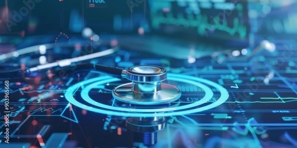Fototapeta A glimpse into modern healthcare technology advancements featuring digital interfaces and a stethoscope
