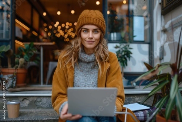 Fototapeta A woman wearing a knit hat and a warm jacket works on her laptop outside a cozy cafe, sitting in a relaxed posture and being productive amidst a serene setting.