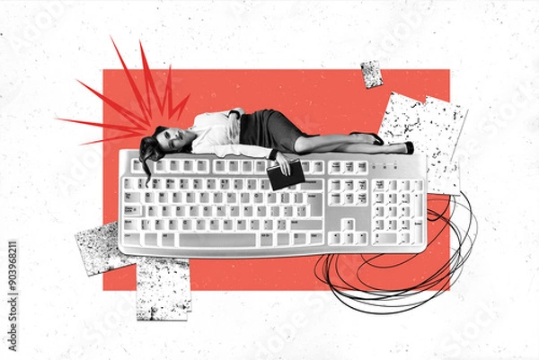 Obraz Trend artwork sketch photo collage of workspace business boss headache office manager young lady worker tired exhousted lying keyboard
