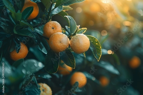Obraz Sunlit orange on a tree in an orchard, representing the freshness and vibrancy of citrus fruits.