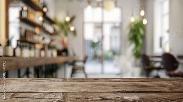 Fototapeta  an empty brown wooden tabletop to be used for product display in a beauty and hair salon, you might want to create a setting that complements the salon's modern and stylish aesthetic. 