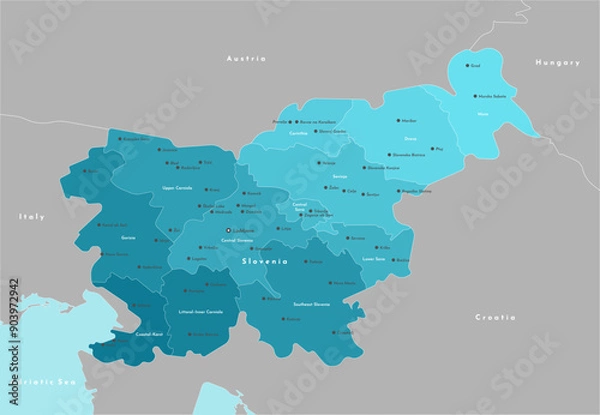 Fototapeta Vector modern illustration. Simplified administrative map of Slovenia. Border with nearest states Austria, Croatia, Italy and etc. Blue background of Adriatic sea. Names of cities and regions