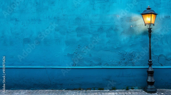 Fototapeta A photo of a minimalistic blue wall with a street lamp on it, serving as a web banner with copyspace on the right.