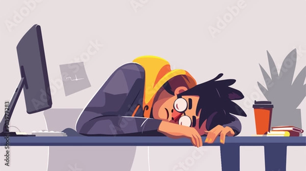 Fototapeta Work Burnout Concept: Man Sleeping in Front of Computer