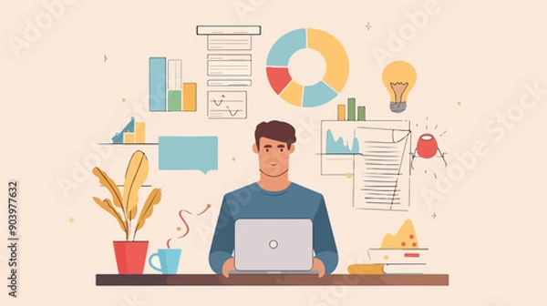 Fototapeta Professional Young Developer Working on Idea with Laptop Presentation