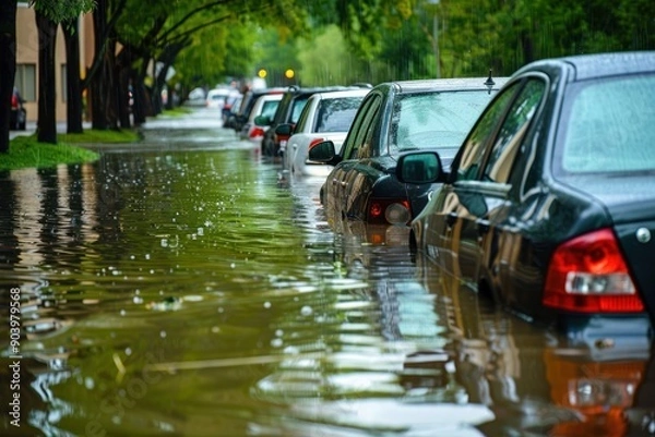 Fototapeta The Chaos of Urban Flooding: A Line of Cars Partially Submerged in Water, The Devastating Consequences of Heavy Rains