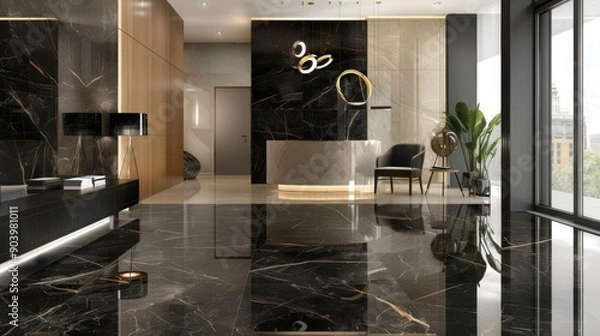 Obraz Modern lobby interior with black marble floor and elegant furniture.
