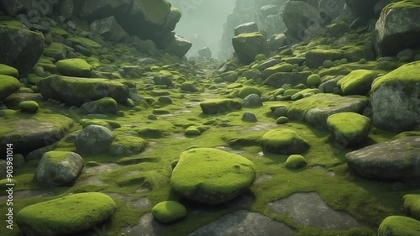 Fototapeta green mossy rocks abstract background design backdrop copy space