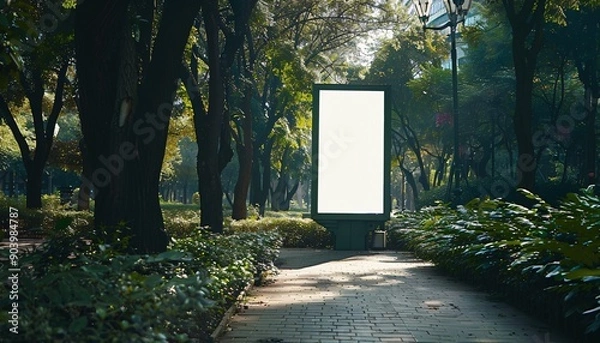 Fototapeta Vertical Display Ad Frame Mockup in Lush Green Environment frame mockup for advertising