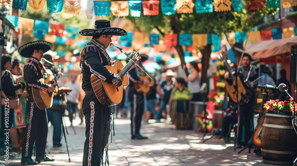 Obraz A festive Cinco de Mayo celebration, with a lively street festival featuring mariachi bands