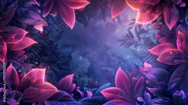 Fototapeta A neon frame surrounds a group of glowing leaves, with neon lights adding a surreal and magical atmosphere. Ideal for projects that need a whimsical and enchanting touch.