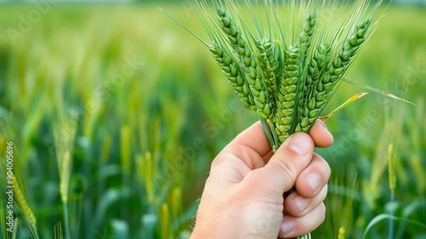 Fototapeta Close-up of a hand holding a green wheat in front of a field background