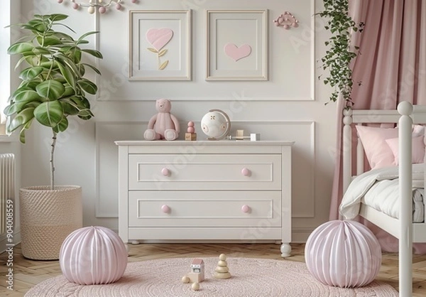 Obraz Scandinavian Style White and Pink Girl's Bedroom with Chest of Drawers, Wall Frames, and Toys on the Floor, Featuring Minimalist Design and Hyper-Realistic Details