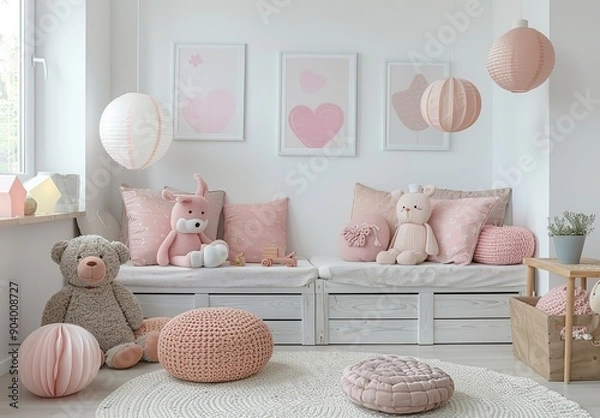 Fototapeta Scandinavian Style White and Pink Girl's Bedroom with Chest of Drawers, Wall Frames, and Toys on the Floor, Featuring Minimalist Design and Hyper-Realistic Details