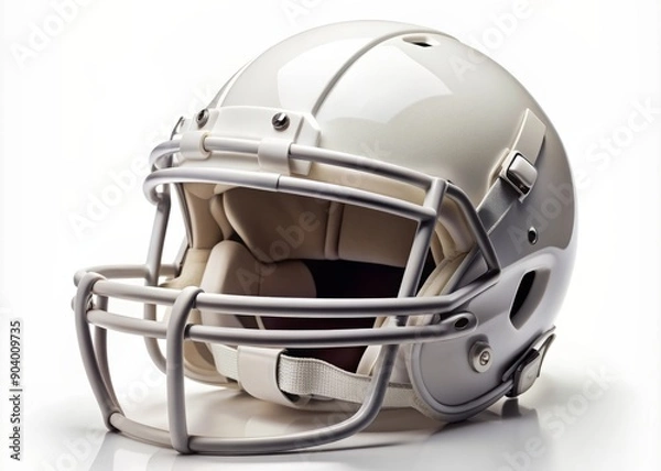 Fototapeta A crisp, white American football helmet sits isolated on a plain background, its facemask and chin strap gleaming, awaiting the next gridiron battle.