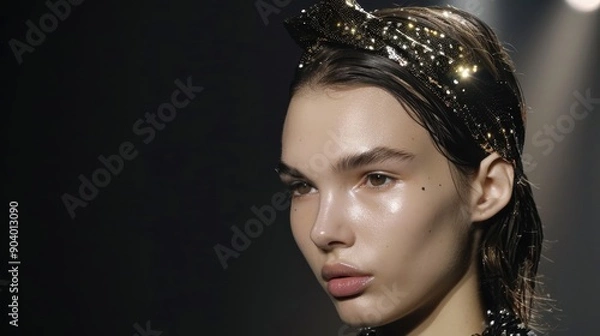 Obraz Elegant Woman with Sparkling Headband and Glossy Makeup