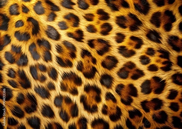 Fototapeta Close-up shot of luxurious leopard fur texture, showcasing vibrant golden spots on dark brown background, with soft, velvety pelt and intricate natural patterns.