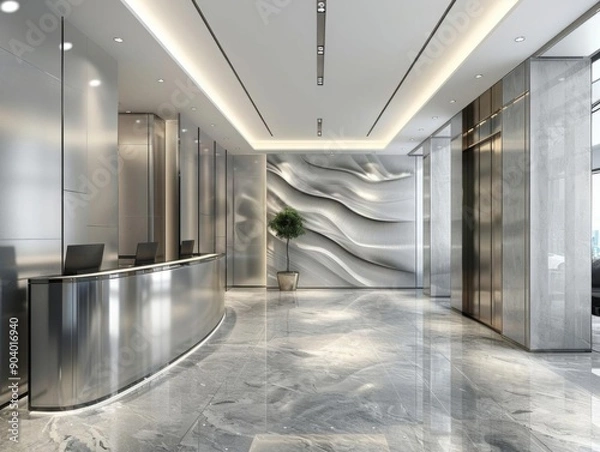 Obraz Modern office lobby with reception desk, elevator, and stylish wall decor.